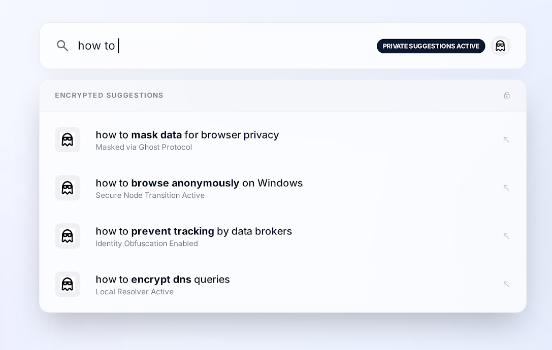 Encrypted search suggestions masked via AdBlocker One's private address bar